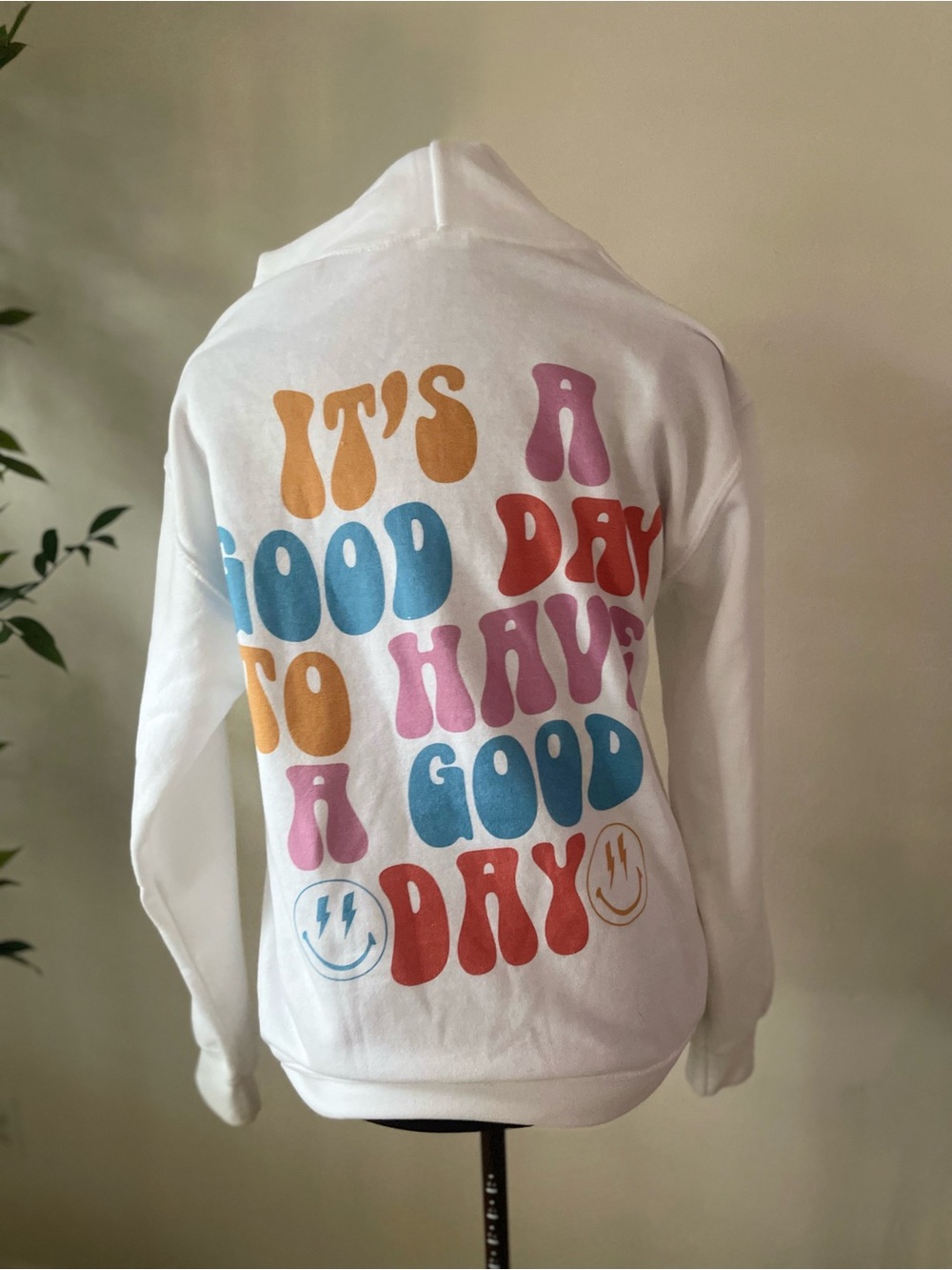 White Hoodie with Multicolor 'It's A Good Day' Graphic small comfy